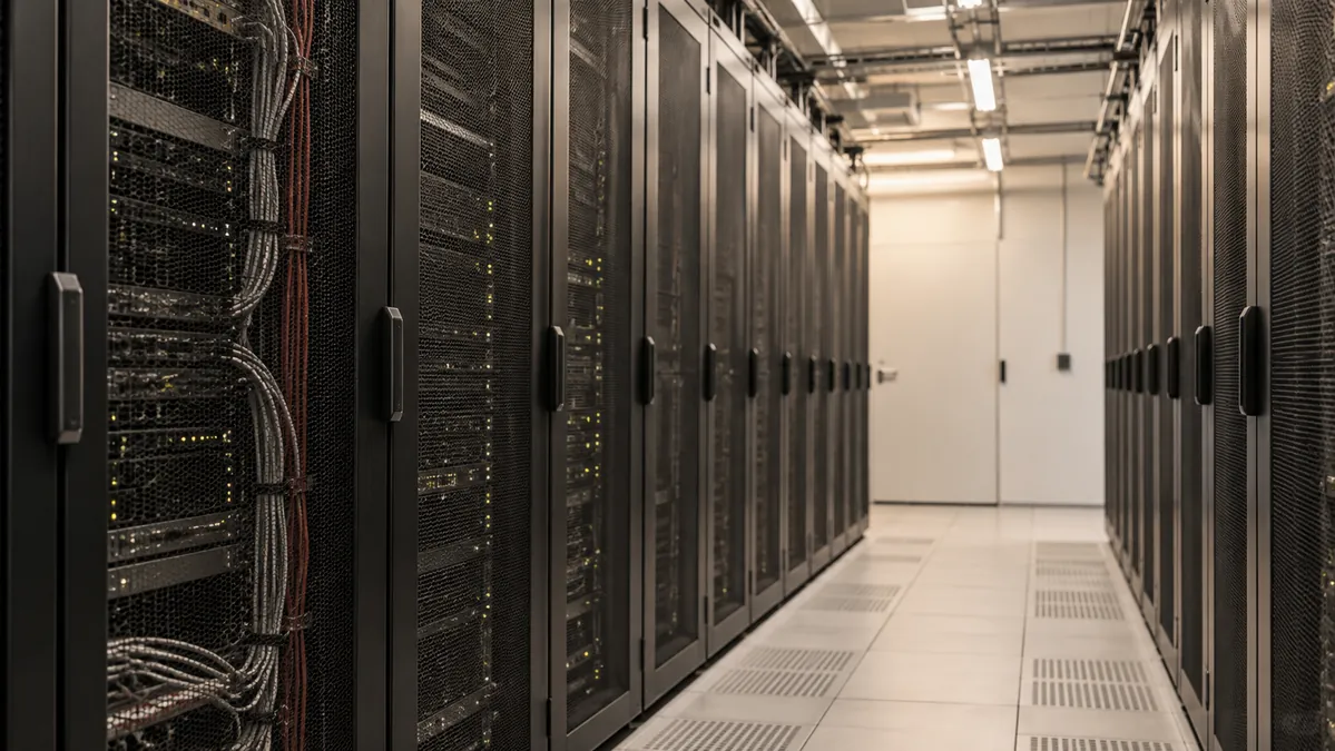 Serverkasten in een dataruimte, met donkere behuizing en geordende bekabeling.